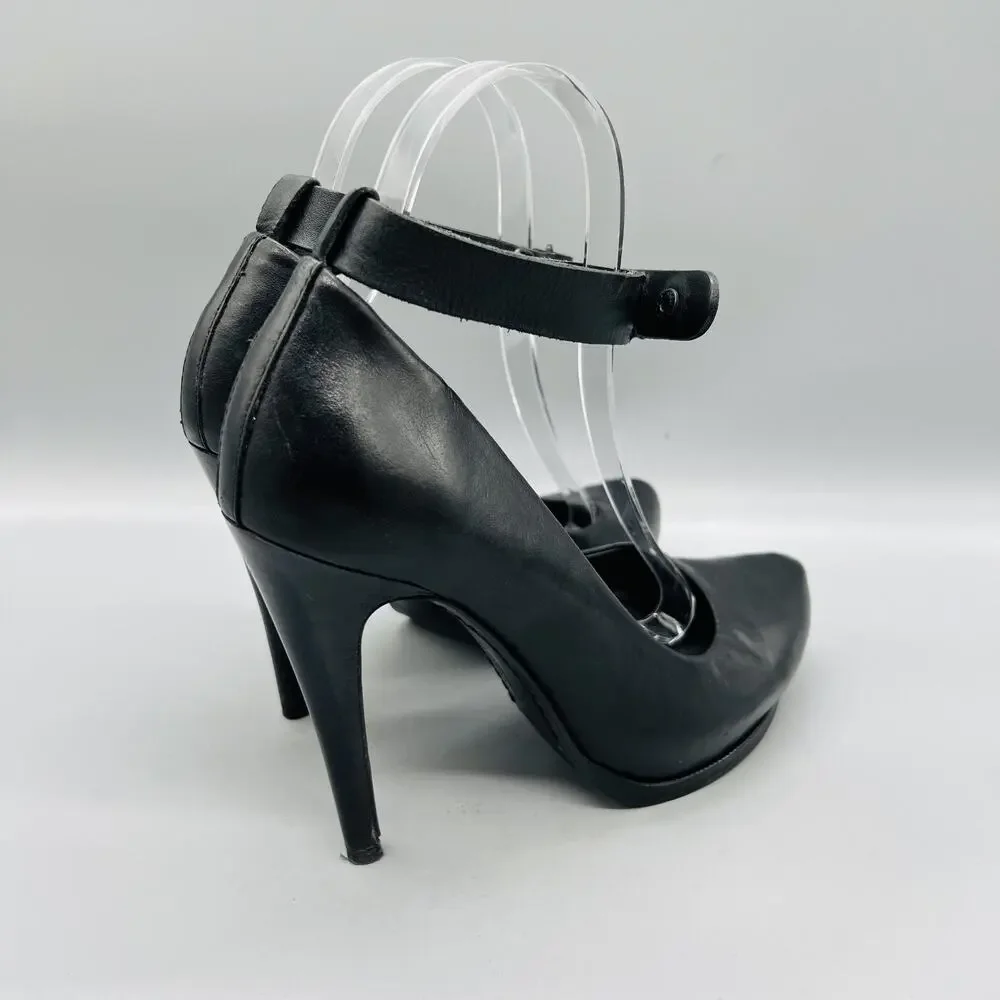AllSaints Shoes Womens 7 Black Leather Ankle Strap Round Toe Stiletto Pumps